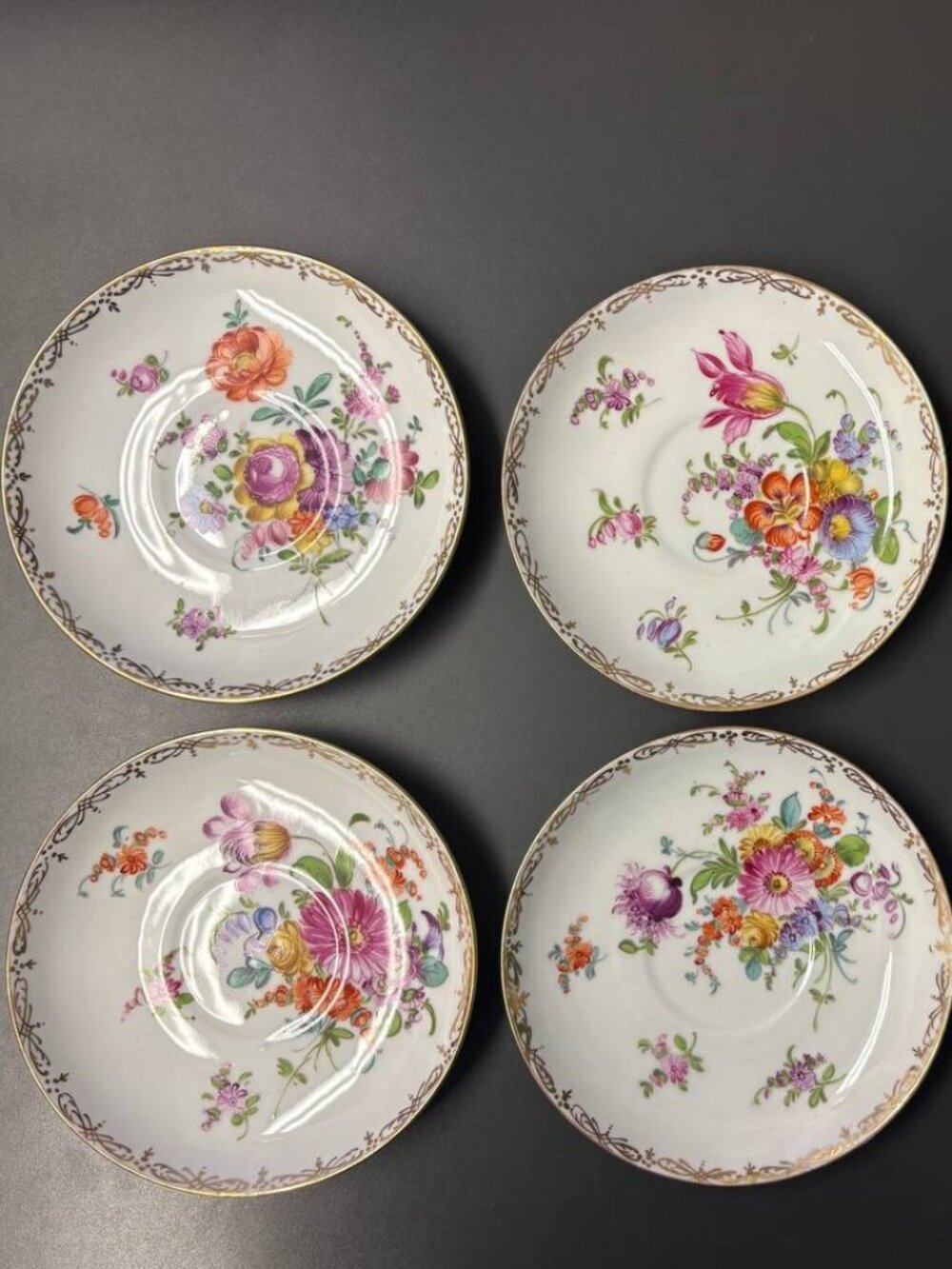 Antique German Franziska Hirsch Dresden Set of Six (6) Saucers, Early 1900s